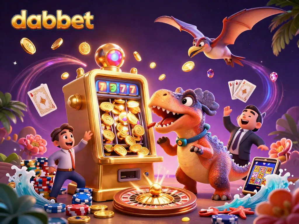 Dabet brings excitement as a dinosaur shakes a slot machine winning coins in a vibrant casino scene.
