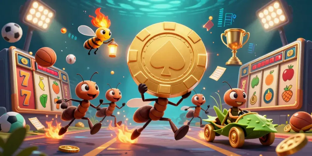 Engaging scene depicting ants on a heist with golden poker chip and slot reels, underscoring the slot gacor theme.