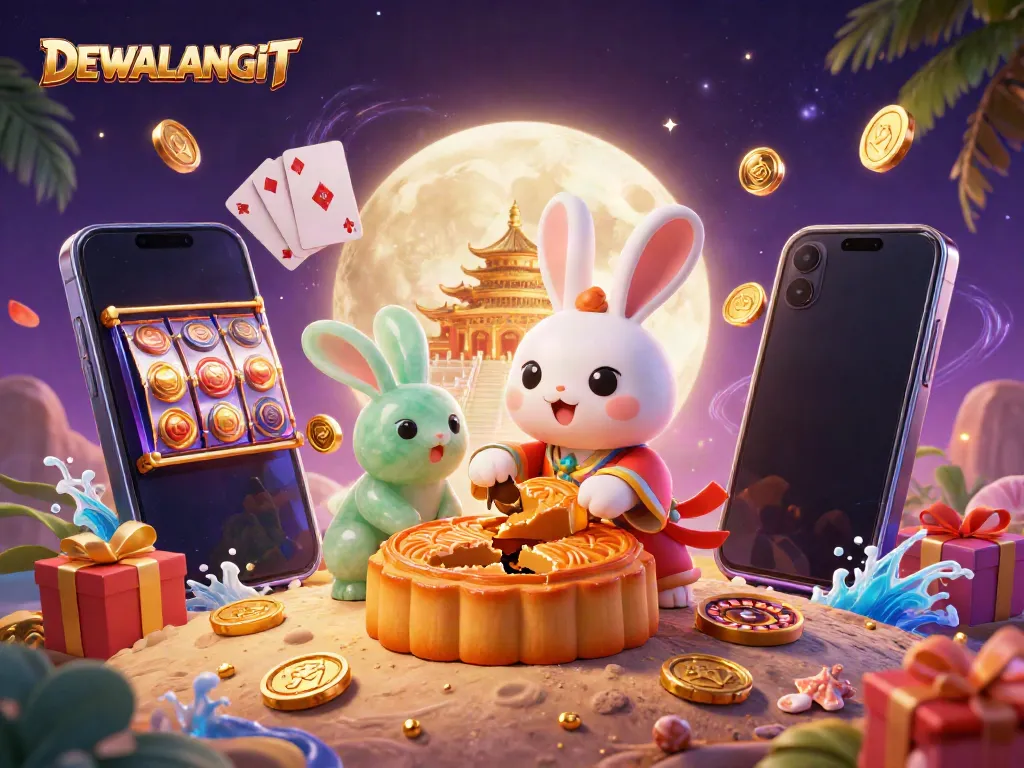 DEWALANGIT menghadirkan ilustrasi kasino yang menampilkan karakter rabbit bulan dengan permainan slot yang memukau.