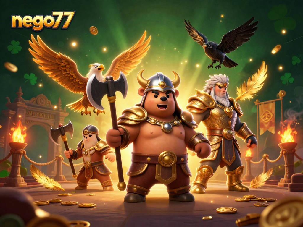 Nego77 showcases a Viking bear and Valkyrie eagle amid a dynamic casino battle scene.