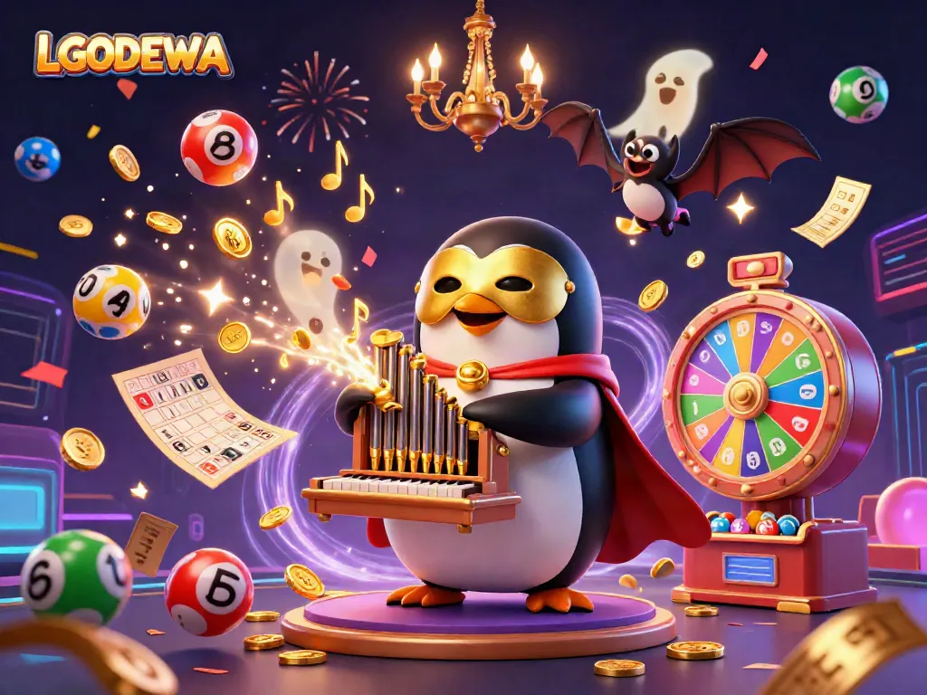 Experience casino excitement in LGODEWA with golden coins flying from an organ, a dancing bat acrobat, and dynamic lottery elements.