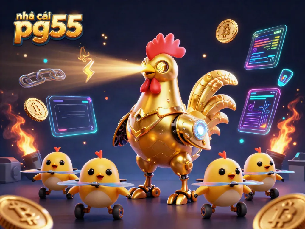 Experience the excitement of nhà cái pg55 with a golden robot and dynamic crypto graphics.