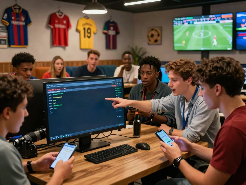 Engaged bettors analyzing high odds on WWBOLA's sports betting platform in a lively setting.