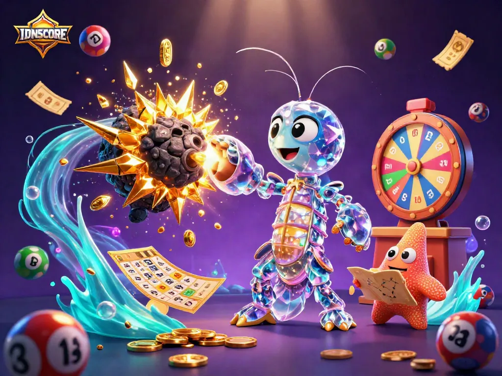 Engage with IDNSCORE's vibrant lottery excitement amid a colorful 3D adventure.