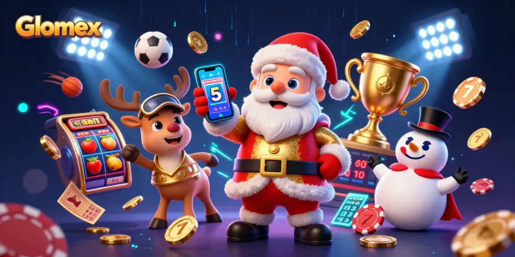 Experience Glomex with Santa Claus celebrating wins at a vibrant digital casino.