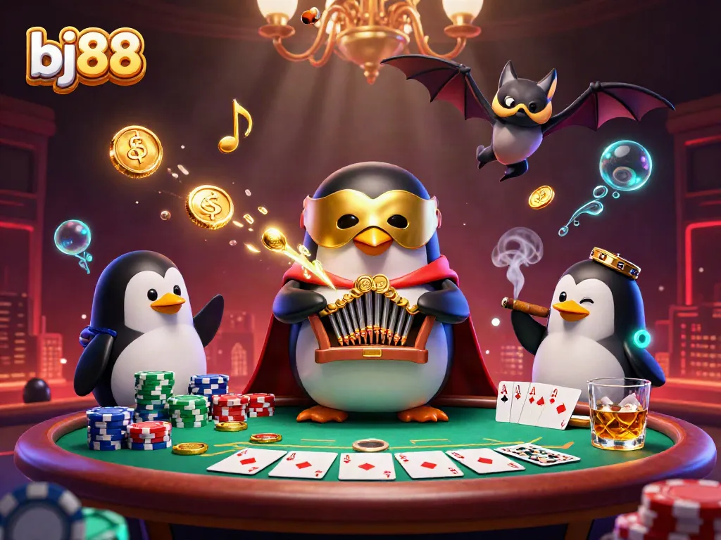 Engage in thrilling gameplay with bj88 at a vibrant casino, featuring a penguin and bat in action.