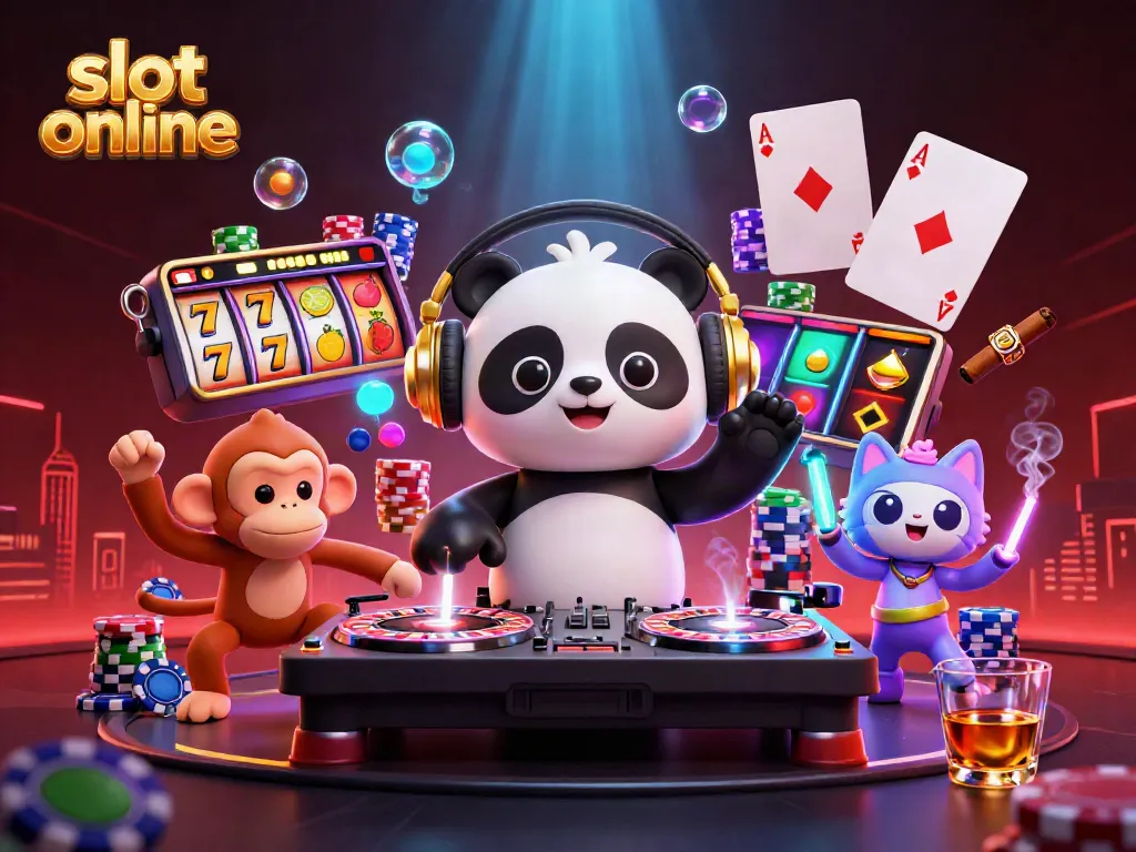 Mainkan slot online dengan DJ panda, monyet breakdance, dan kucing glowing stick dalam suasana malam penuh warna