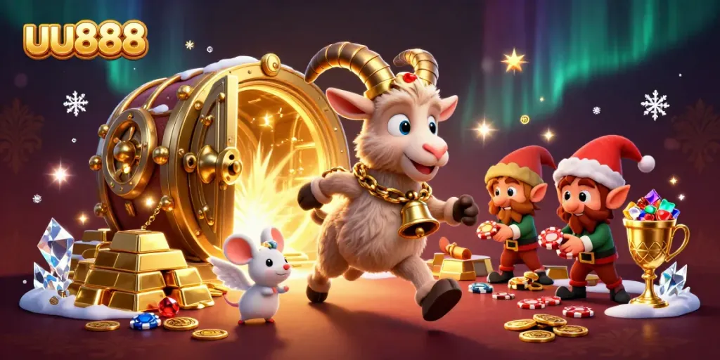 Experience the thrills at uu888 casino with Krampus and festive characters amidst dynamic gaming action.