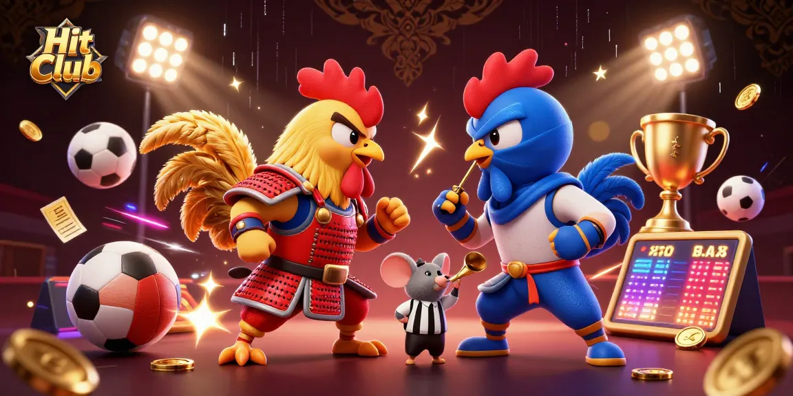 Hit Club showcases a thrilling standoff between roosters amid dynamic sports elements and vibrant energy.