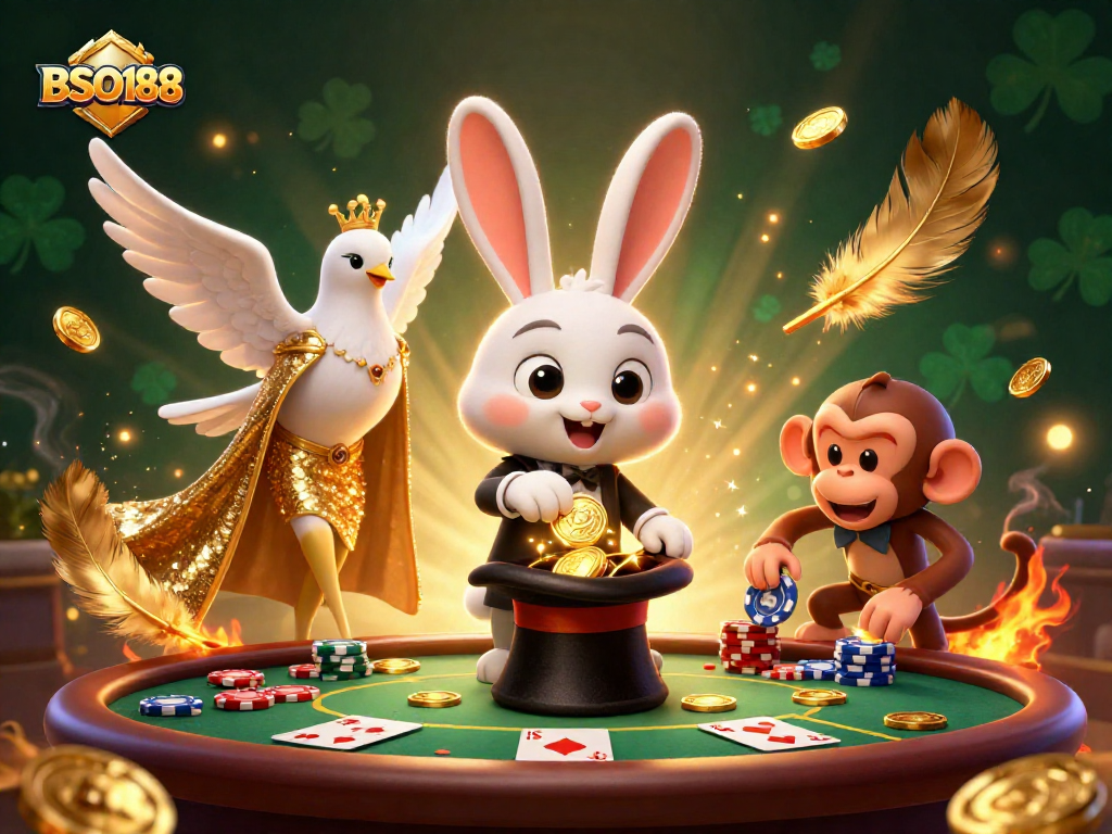 Experience the magic of BSO188 with a dynamic scene of a magician rabbit, dove, and monkey amidst sparkling casino elements.