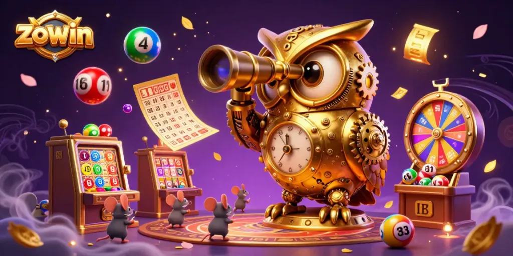 Zowin interactive gaming scene with golden owl, colorful lottery balls, and vibrant prize elements.