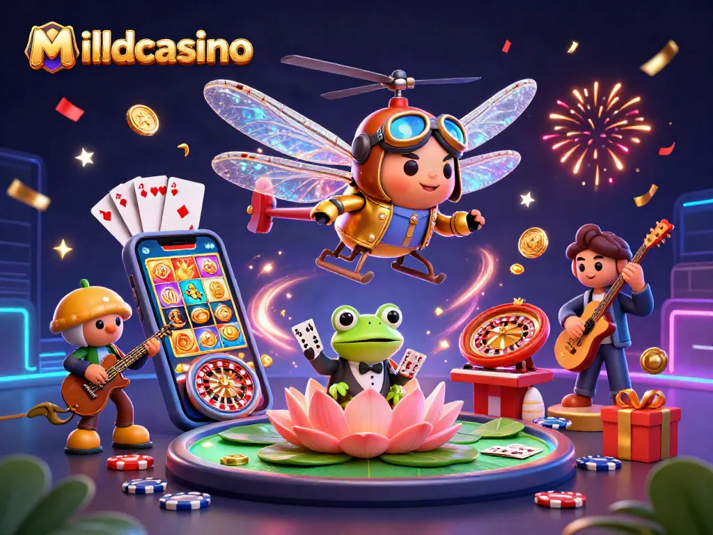 Mildcasino offers thrilling gaming experiences with a dynamic casino scene featuring a dragonfly pilot and frog croupier.