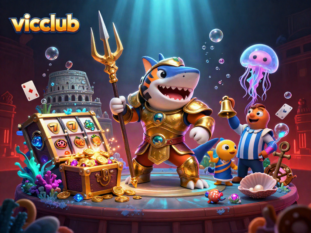 Experience the excitement of vicclub with a vibrant underwater casino scene featuring a gladiator shark.