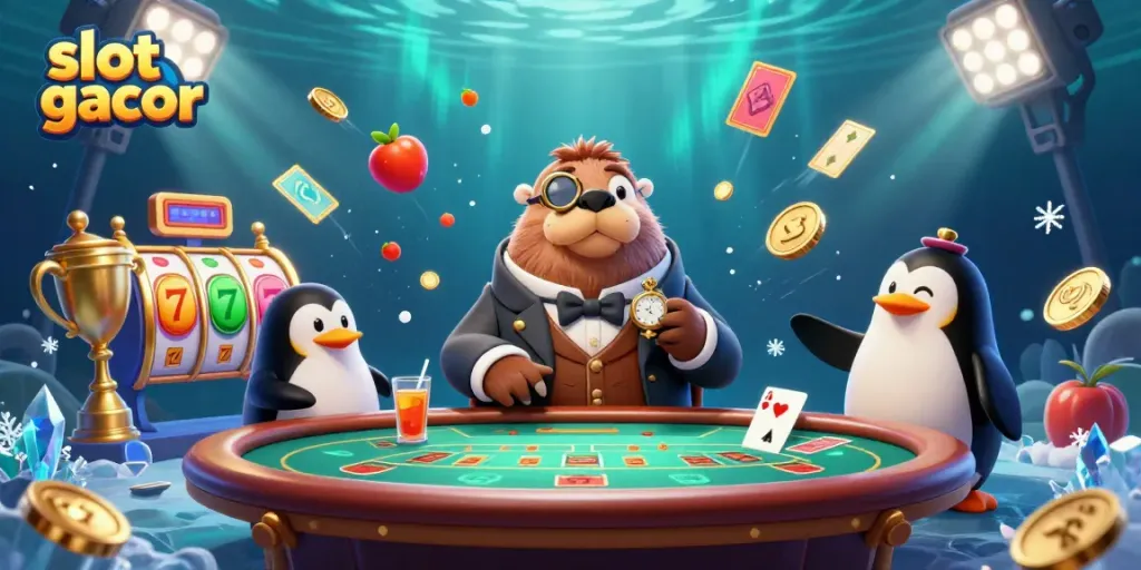 Experience thrilling slot gacor gameplay with a vibrant underwater casino scene featuring unique characters.