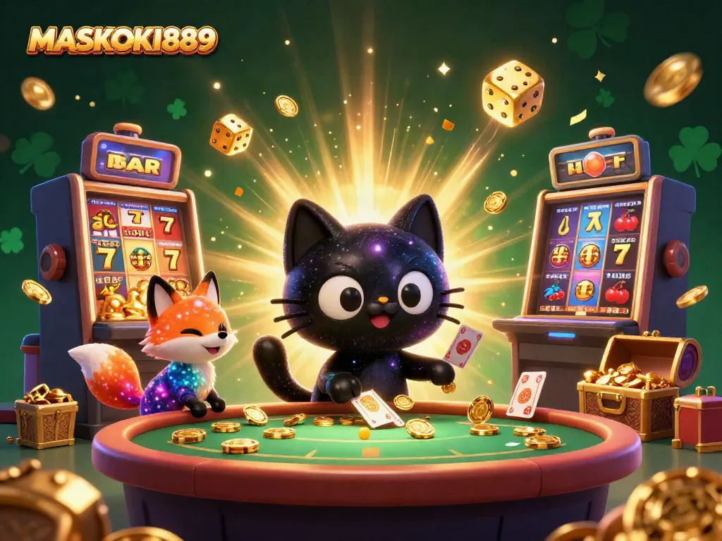 Experience excitement at MASKOKI889 with a cosmic casino scene filled with vibrant slot elements and captivating characters.