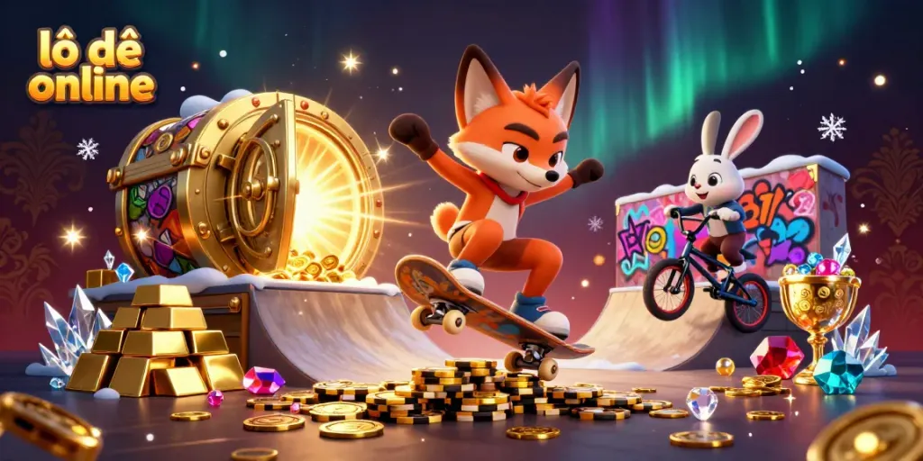 Engage in lô đề online with vibrant casino-themed 3D illustration featuring exciting characters and sparkling treasures.