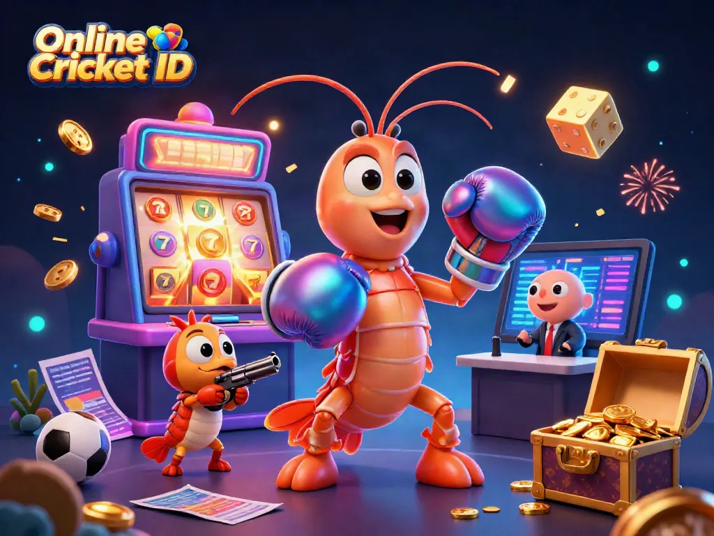 Winning big with an Online Cricket ID, featuring a dynamic scene of 3D characters and sports betting elements.
