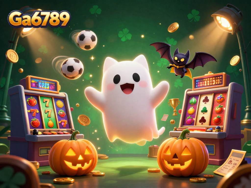 Engaging Ga6789 online slots scene with a ghost cat and vibrant casino elements.