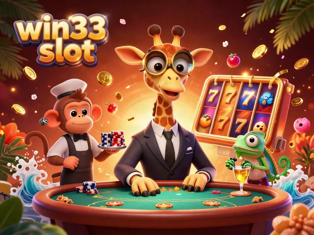 Experience thrilling action with the win33 slot, featuring colorful symbols and engaging characters in a vibrant casino scene.
