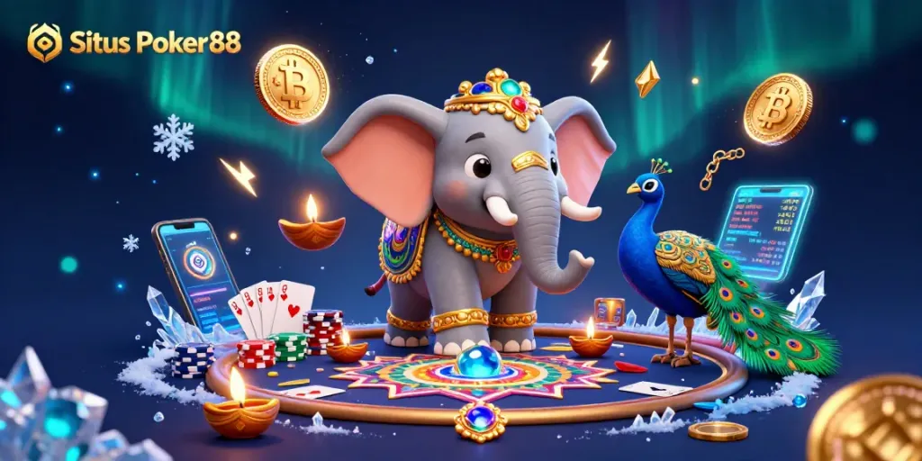 Situs Poker88 offers an immersive poker experience with vibrant elements, an elephant, and a peacock.