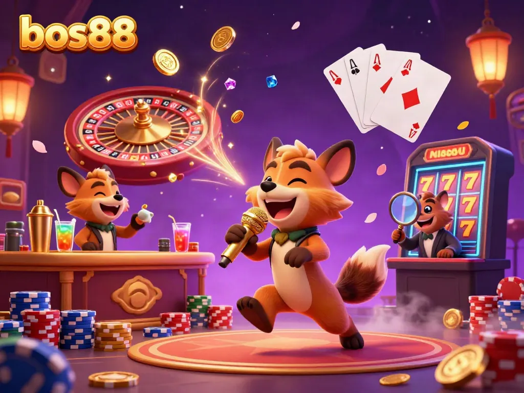 A lively scene of hyenas in a comedy casino club, featuring bos88, with bright casino elements like chips and coins.