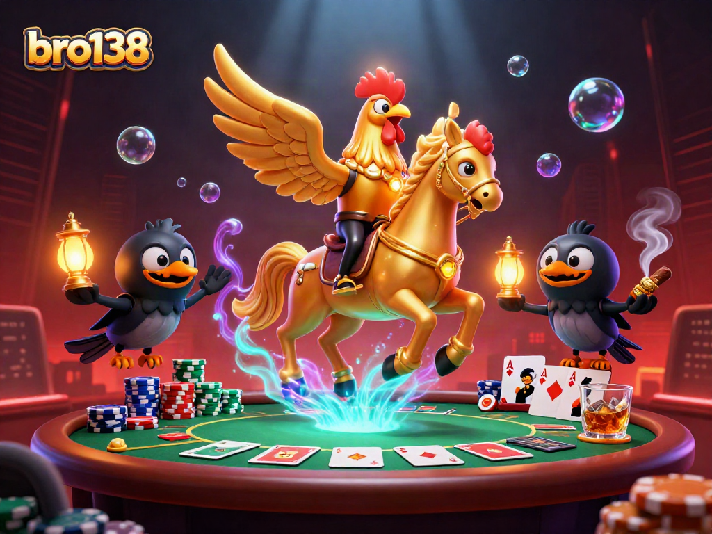 Join the thrilling poker action at bro138's vibrant casino with a golden rooster and ghostly horse.