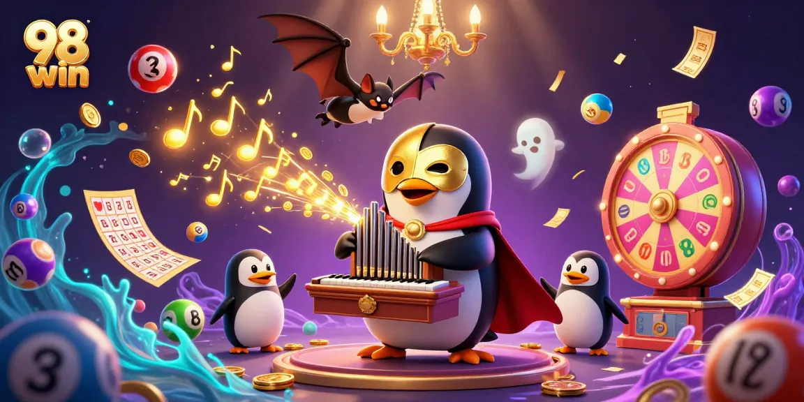 Engage with 98 win as the cartoon penguin plays amidst a dynamic casino scene of games.