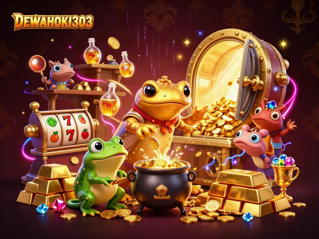 DEWAHOKI303 menawarkan visual kasino yang memikat dengan karakter alkimia dan simbol slot yang menarik.