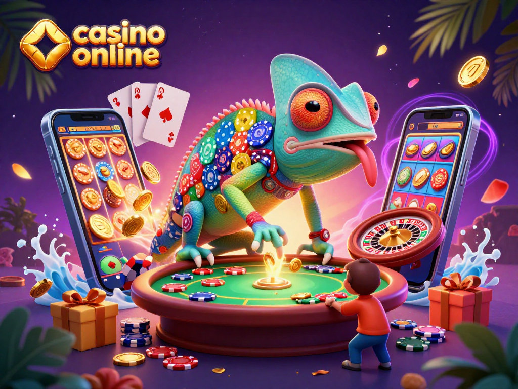 Experience thrilling casino online action with a colorful chameleon overseeing gaming excitement.