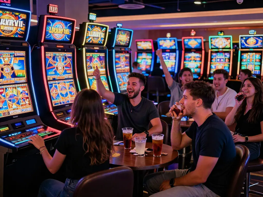 Luxury12 players enjoying an exciting slot game experience at a lively casino.