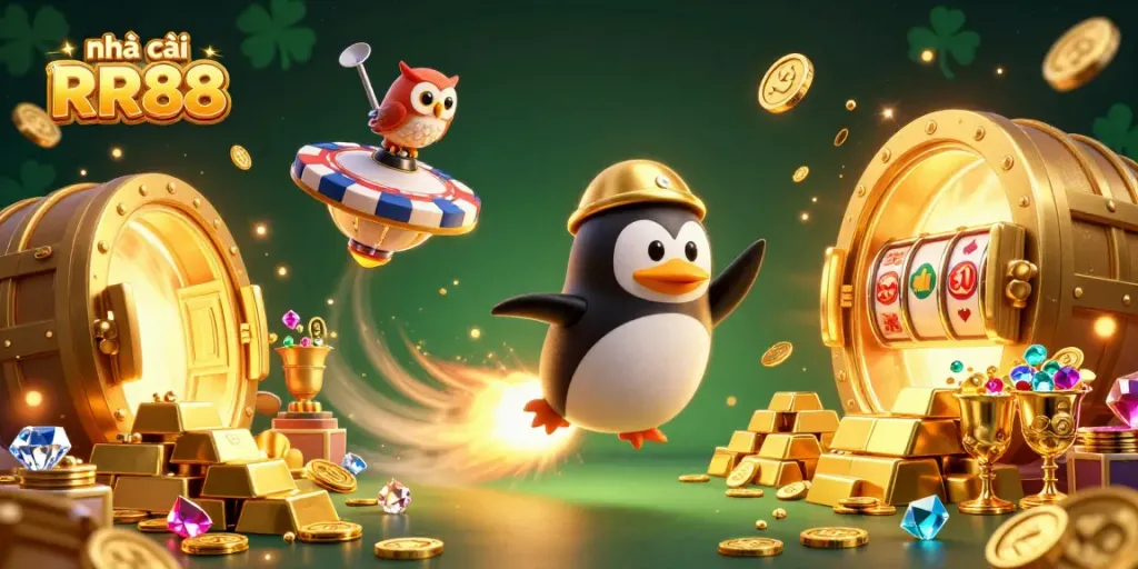 Experience thrilling games at nhà cái RR88 with a dynamic illustration of a golden penguin in a vibrant casino universe.