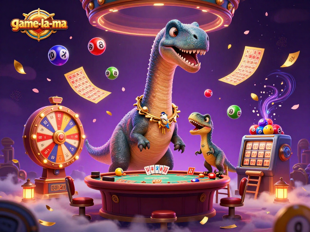 Experience vibrant gameplay with game-la-ma's animated brontosaurus dealing cards at a lively poker scene.