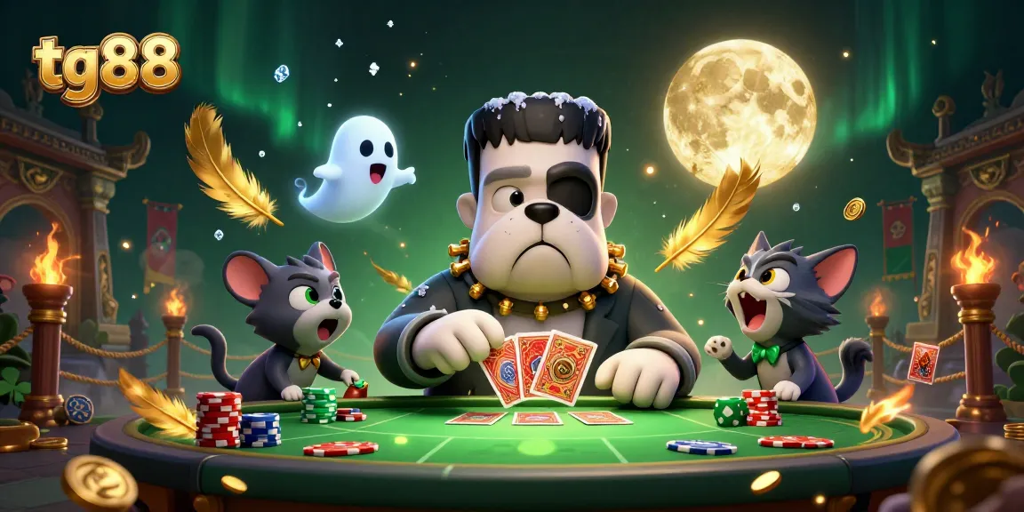 tg88 showcases an exciting scene with Frankenstein bulldog and werewolf kitten at a lively casino table.