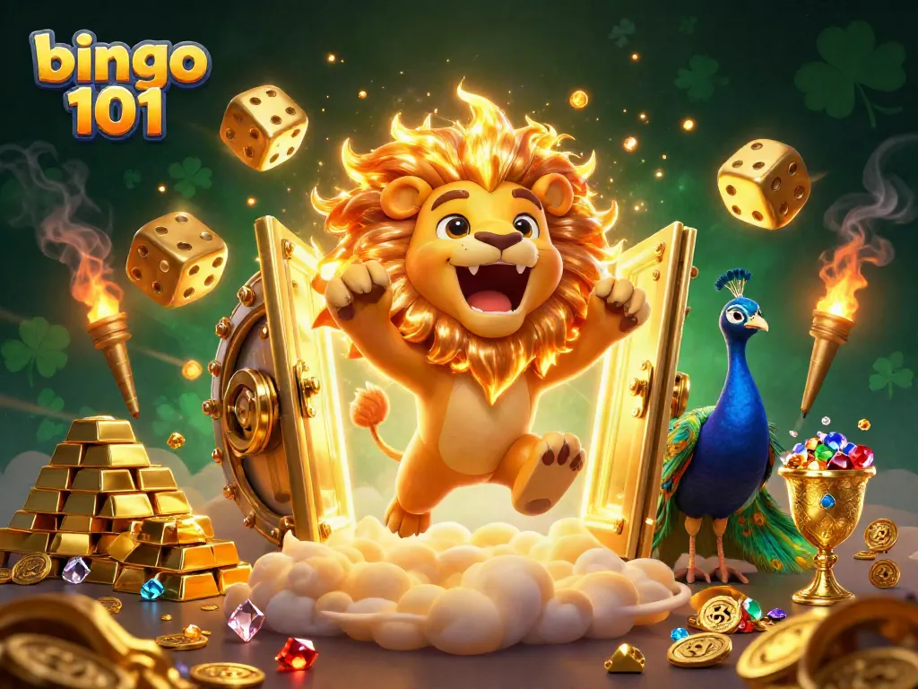 Bingo 101 platform illustration with a roaring sun lion, golden dice, and treasures, showcasing exciting bingo games.