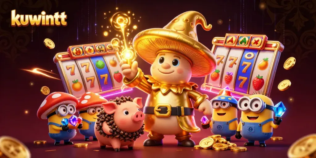 Kuwintt's golden wizard leads an enchanting casino scene filled with vibrant slot elements and treasures.