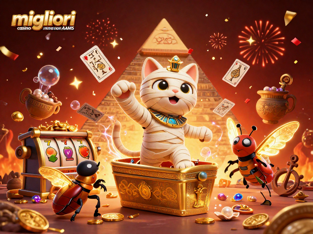 Gioca ai migliori casino online non AAMS con un gatto mummia che esplode da un sarcofago dorato nella scena di un casinò.