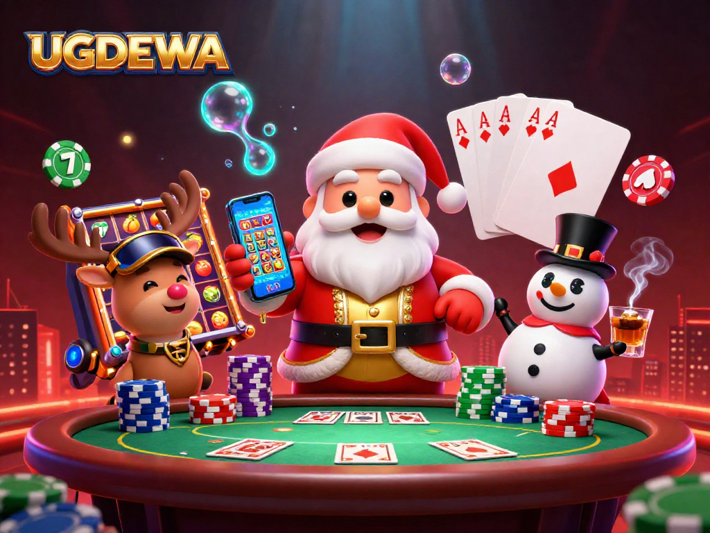 Engage in exciting casino action with UGDEWA's Santa Claus, reindeer dealer, and poker snowman