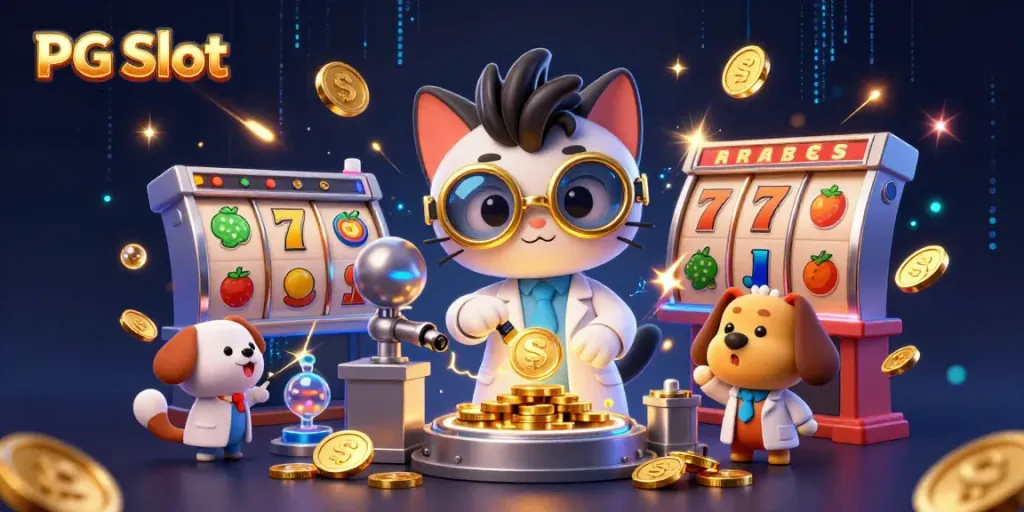 Menggandakan koin emas di PG Slot dengan karakter kucing ilmuwan gila dan anjing asisten di latar belakang penuh simbol slot.