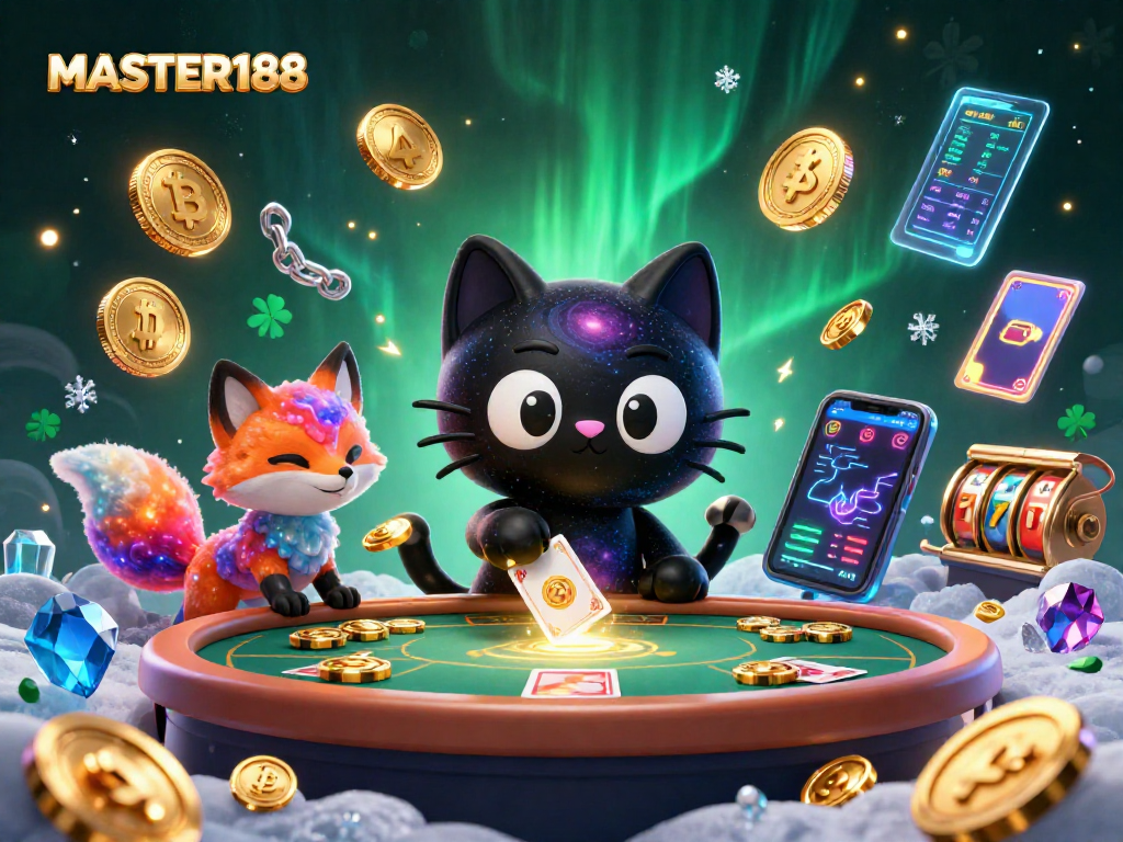 Experience winning with MASTER188 at a cosmic slot table featuring vibrant characters and digital currency.