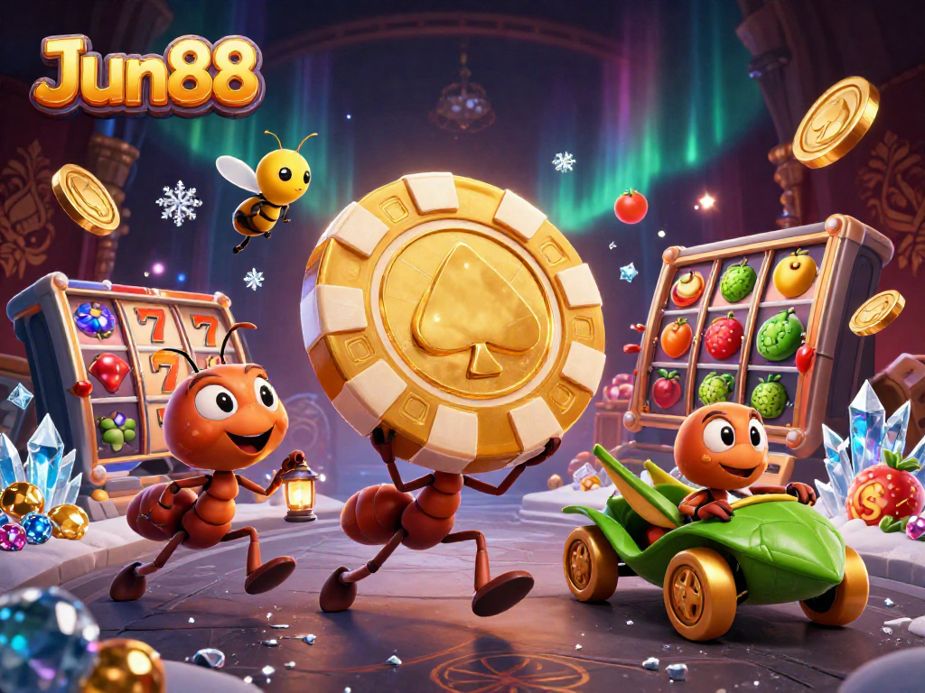 JJun88 showcases a heist with cartoon ants stealing a giant poker chip, featuring vibrant casino elements.