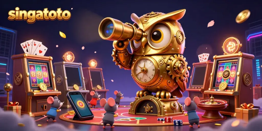 Engage with the thrilling features of singatoto as a golden owl perches in a vibrant casino scene filled with dynamic gaming elements.