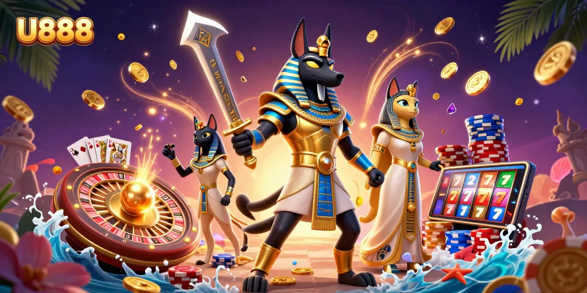 Experience the thrill of U888 with Anubis and Bastet among spinning roulette and cascading coins.
