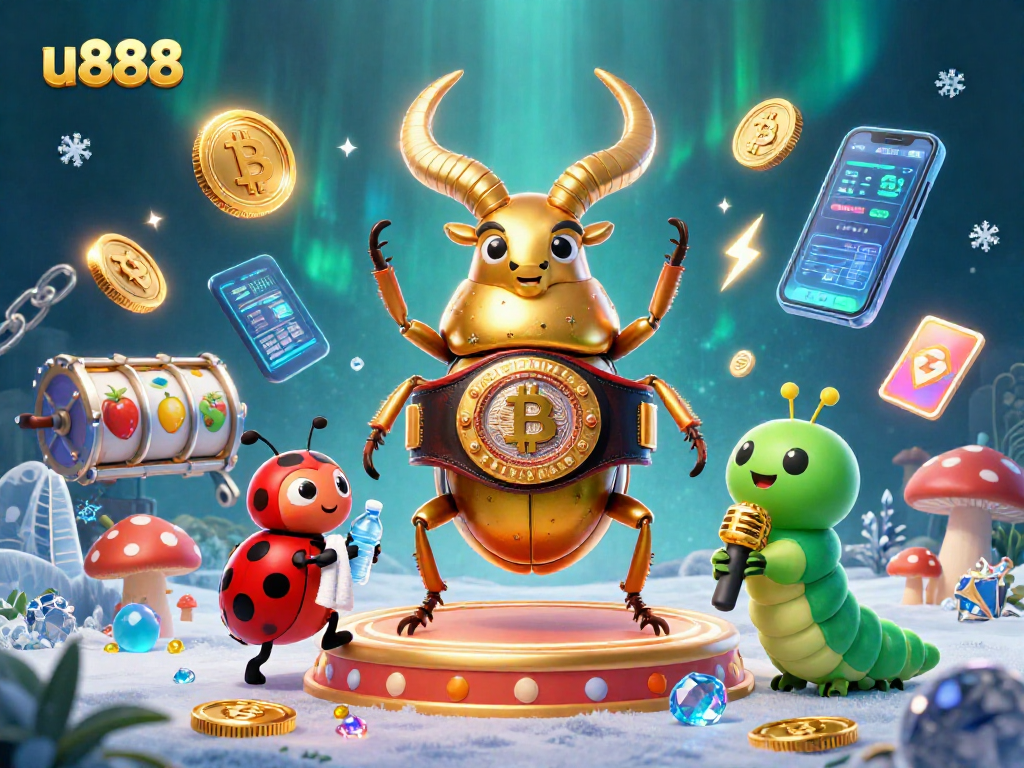Engage in thrilling action with u888's dynamic casino scene featuring 3D characters and crypto elements.