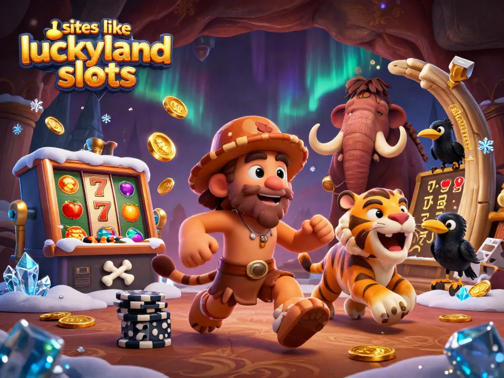 Explore sites like LuckyLand Slots with an engaging 3D casino illustration featuring unique gaming elements.
