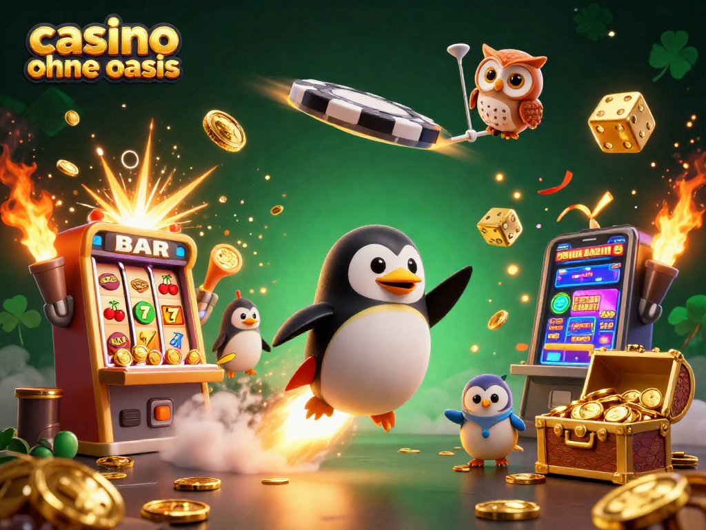 Experience the excitement of casino ohne oasis with a vibrant 3D scene featuring animated slot machines, flying symbols, and a golden penguin.