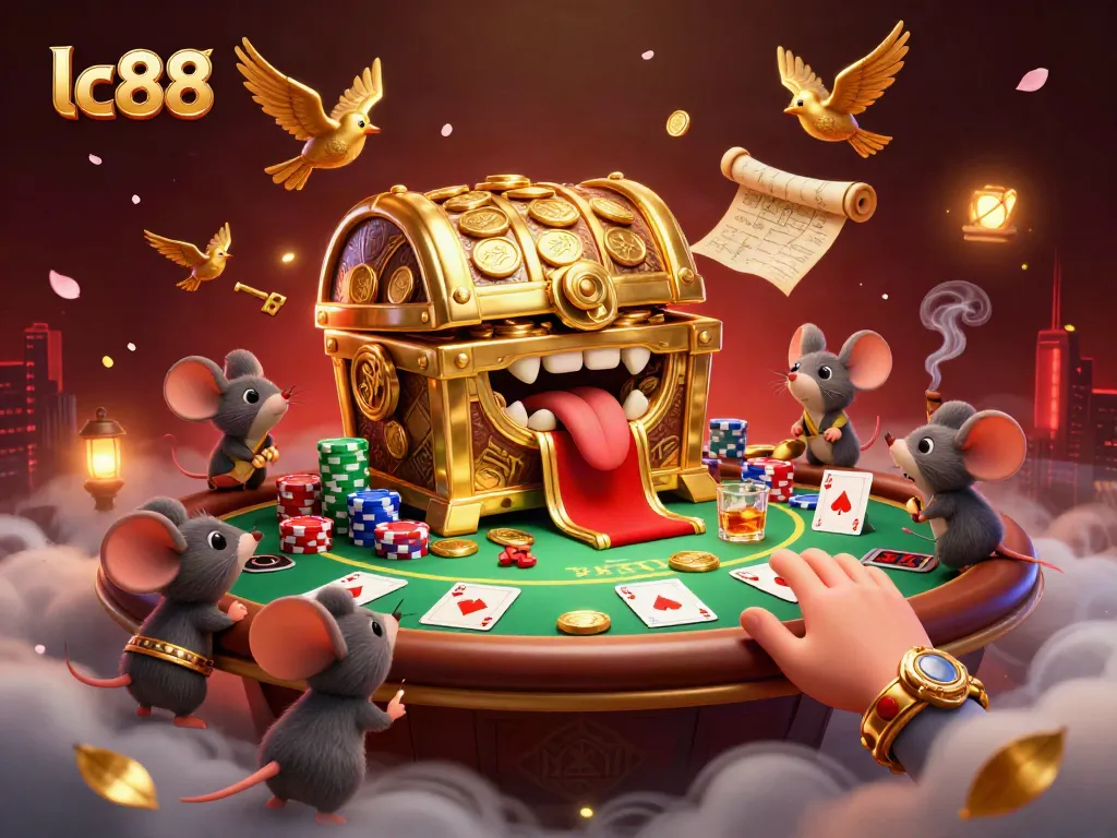 Engage with lc88 at an exciting poker scene featuring animated treasure and casino elements.