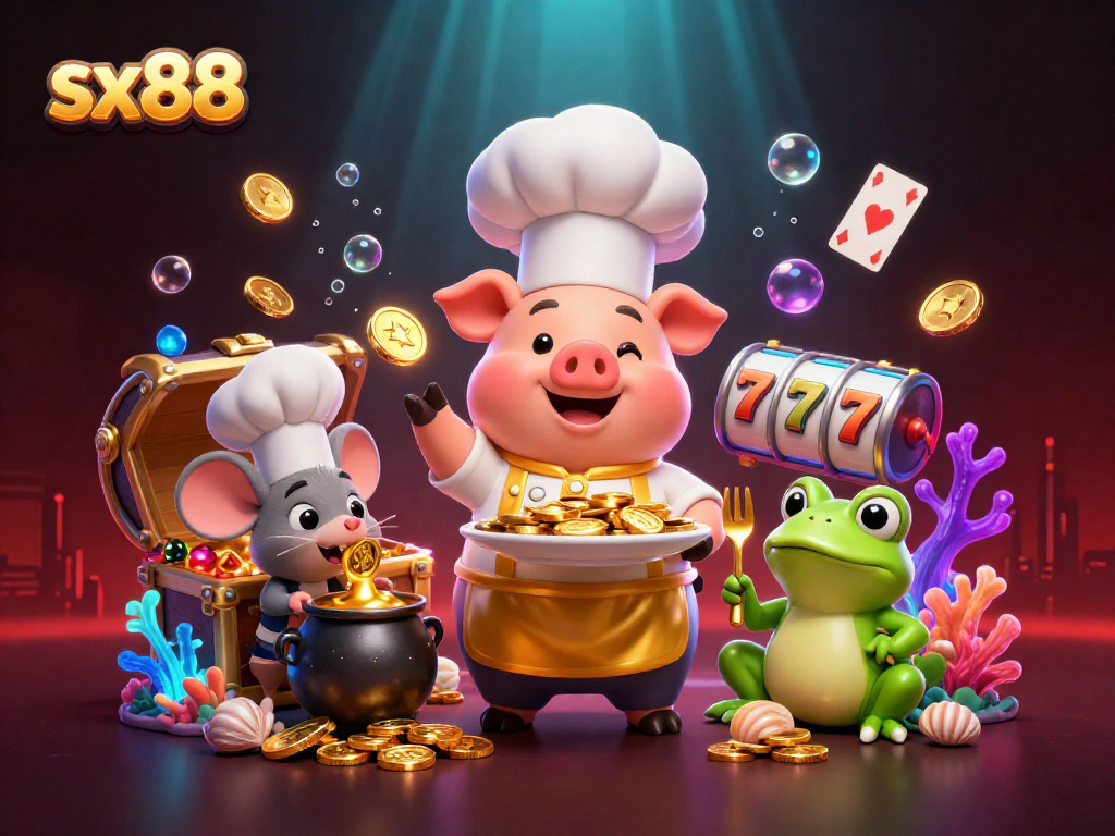 Experience exciting gameplay at sx88 with 3D chef pig serving gold coins and casino elements.