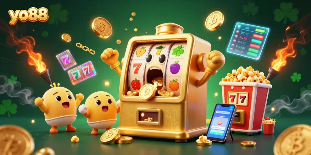 Experience excitement with yo88 as a golden slot machine hits the jackpot while coins burst forth.
