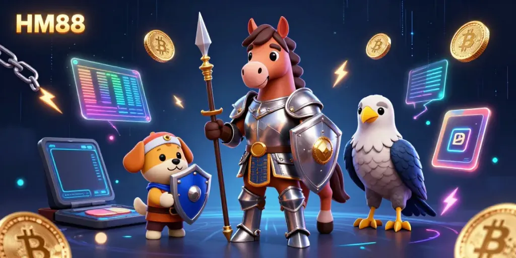 Experience the excitement of HM88's vibrant online casino with knights and crypto elements.