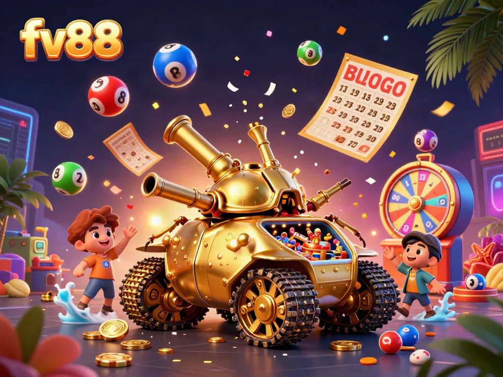 Experience the thrill of FV88 with a cartoon golden beetle tank revealing a mini casino and dynamic lottery elements.